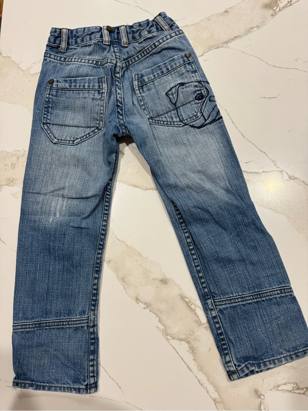 Designer Tom And Drew Blue Denim Jeans with Back Pocket Detail With Dog EUC Sz 7